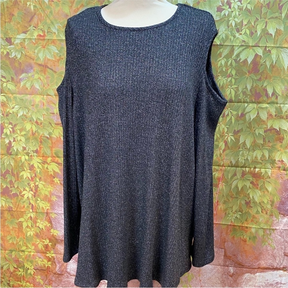Bobeau Metallic Silver Cold-Shoulder Plus Size Sweater